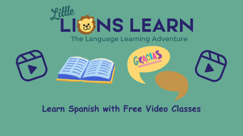 spanish and english free video classes A visually appealing picture featuring a book and a word bubble that says "Gracias". In the foreground, there are prominent video icons, symbolizing online video classes. The text overlay reads 'Learn Spanish free video class